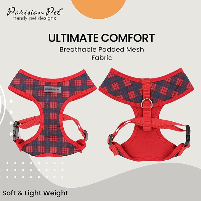Parisian Pet Red Plaid Dog Harness - Breathable No Pull Puppy Harness with Leash Ring - Adjustable Harnesses for Dogs - Soft Padded Step-in Pet Vest - Lightweight Dog Vests for Small Sized Dogs