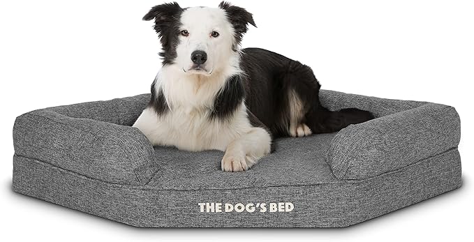 The Dog’s Bed Orthopedic Memory Foam Corner Dog Bed, Calming Surface – CertiPUR-Certified Foam, Largeinen Fabric, Grey Linen, Large