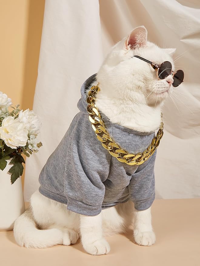 QWINEE 3Pcs Dog Hoodie Cat Apparel Dog Custume Set with Necklace and Sunglasses Pet Clothes for Puppy Small Medium Dogs Cats Grey XXL