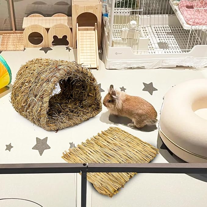 Hamiledyi Bunny Grass Tunnel,Rabbit Grass Bed,Natural Straw Woven Mat Winter Warm Hideaway Hut for Rabbit Gerbil Ferrets Guinea Pig Chinchilla (Small).