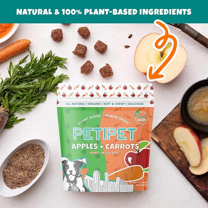 PETIPET Apples+Carrots Plant-Based Fruit Dog Treats - Carrot and Apple Soft & Chewy - Healthy Vegetarian, Vegan Dog Treats with Organic Ingredients - Low-Protein, Hypoallergenic, Gluten-Free