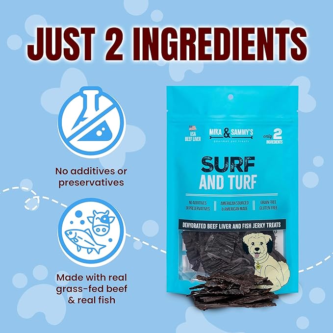 Mika & Sammy's Gourmet Beef Liver & Mackeral Jerky Dog Treats Made in The USA. (Surf & Turf 5 oz)
