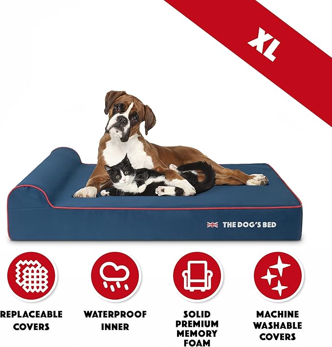The Dog’s Bed Orthopedic Memory Foam Dog Bed with Headrest, Calming Surface – CertiPUR-Certified Foam, Oxford Fabric, Blue with Red Trim UK Flag, XL, 6-Inch
