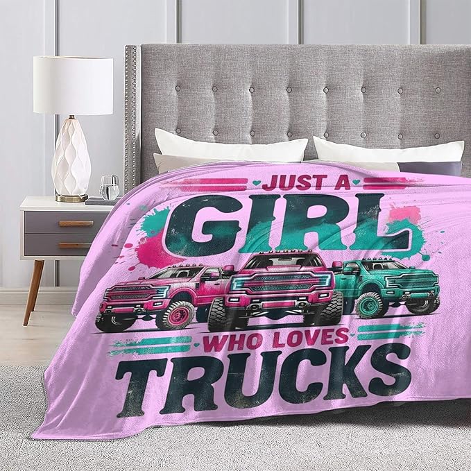 SweetFox Just A Girl Who Loves Trucks Blanket, Truck Decor Throw Blanket Gifts for Girls Boys Lovers Super Warm Soft Plush Fleece Flannel Winter Bedding Blankets for Kids Adults Men Women 60"X50"