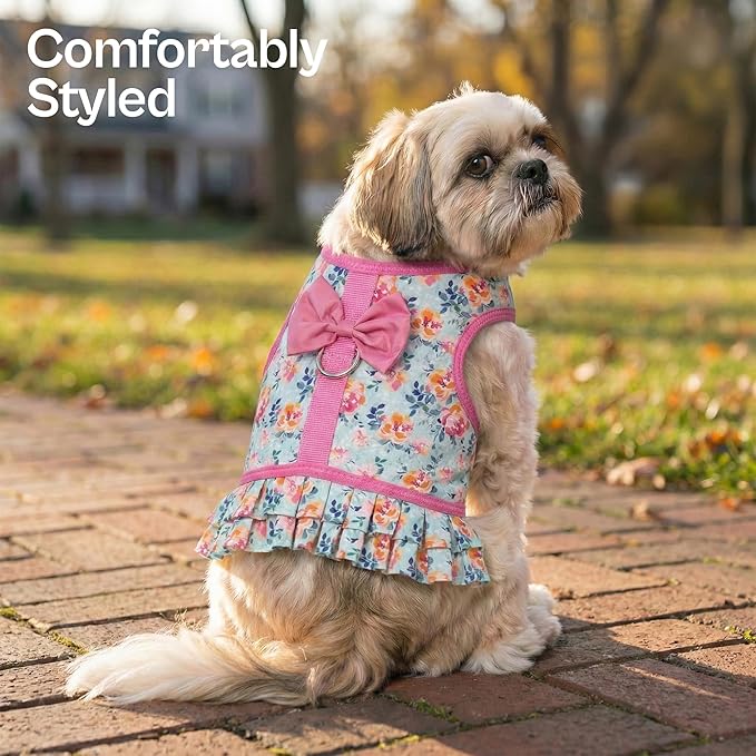 Parisian Pet Floral Dog Harness Dress - Breathable No Pull Puppy Dress with Pink Bow and Leash Ring - 100% Mesh Fabric Harnesses for Dogs - Soft Padded Step in Pet Vest - Dog Harness for Large Dogs
