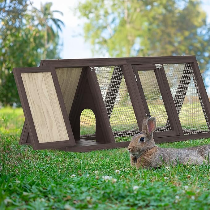 Outdoor Chicken Coop Wooden A-Frame Small Animal Coop Rabbit House Quail Cages with Outdoor Runs & Ventilated Wire Fence Suitable for Garden Backyard Farms 47 x 18 x 19.5 in (Brown)