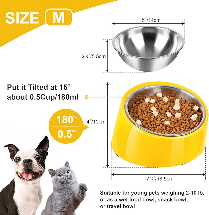 Tilted Dog Bowl Non-Slip & Non-Spill Pet Feeder with Elevated Detachable Melamine Stand, Easy to Get Food Dog Dish, M/180ml Yellow