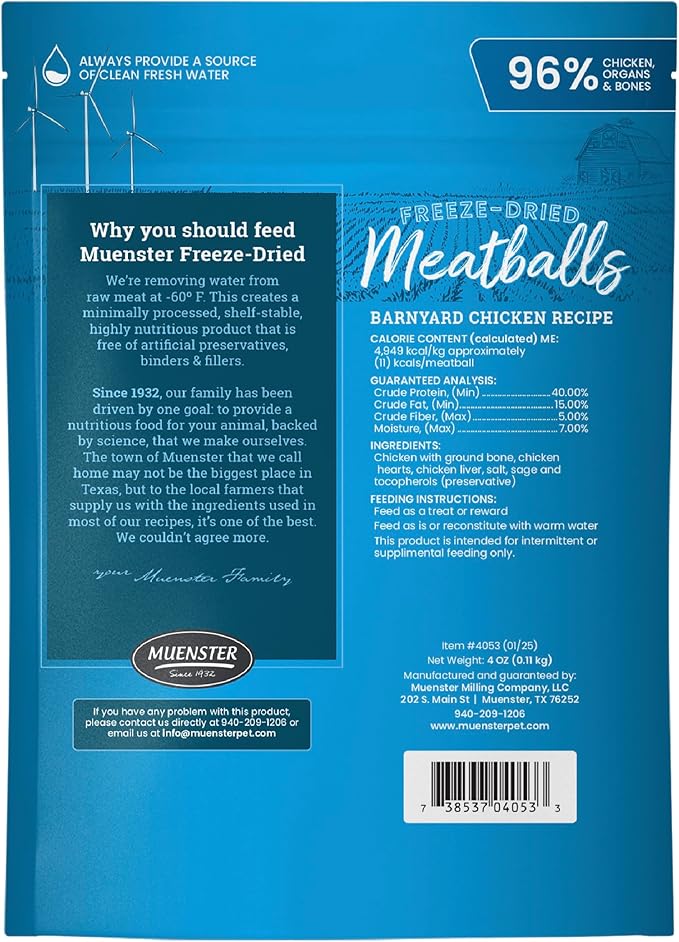 Muenster Freeze Dried Chicken Meatball Dog Treats (4oz) - Grain Free, Made in USA