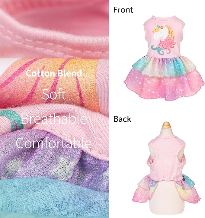 Fitwarm Rainbow Unicorn Dog Tutu Dress, Summer Clothes for Small Dogs Girl, Pet Birthday Outfit, Pink, Small