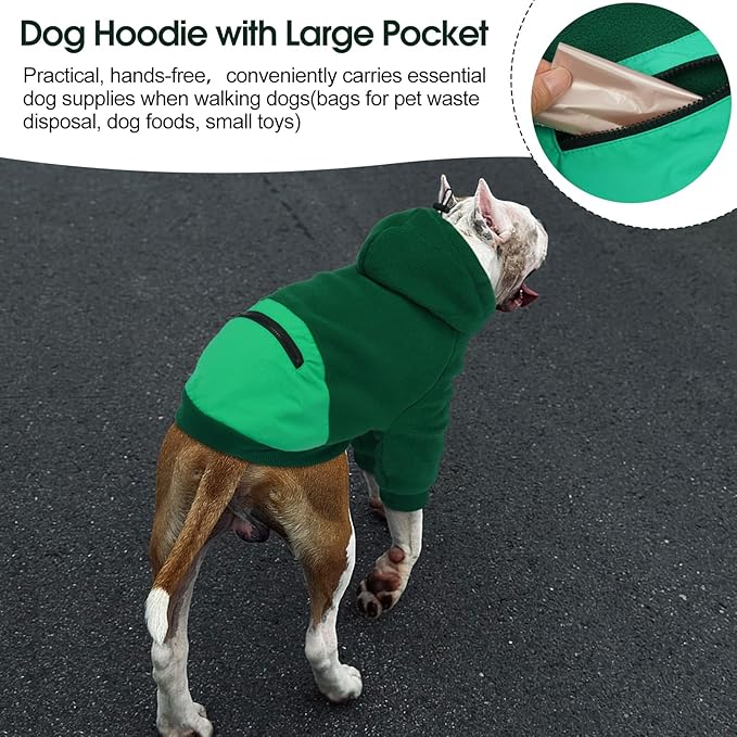 Nanaki Dog Hoodie for Large Dogs-Sweatshirt with Pocket, Long Sleeves Adjustable Warm Fleece Sweater Jacket Boy Girl for Bulldog Pug, Cold Weather Coat for Christmas Holiday Indoor Outdoor Green XL