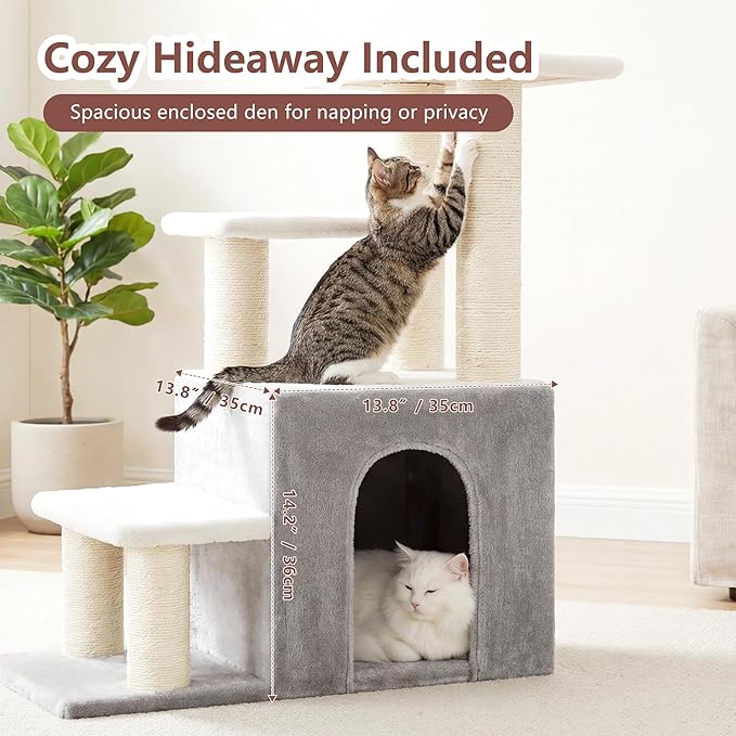 Heybly Pet Stairs for Cats, 29.5 inch High Dog Steps for Small Doggie Rabbits, 9.8''Depth Cat Stairs, Indoor Cat Ladders for High Bed for Pet's Joints, 1 Condo Cave, 6 Sisal Scratcher HSP002SWWH