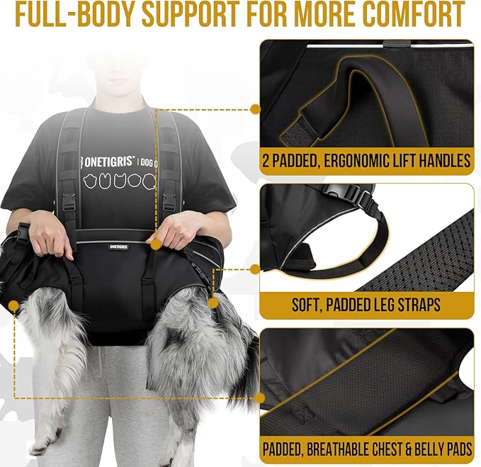 OneTigris Dog Backpack Carrie, Lift Harness with Handle for Large Dogs, Reinforced Padded Dog Sling for Joint Injuries, Arthritis, Ideal for Stairs, Elderly Dogs Fits 30-60 lbs