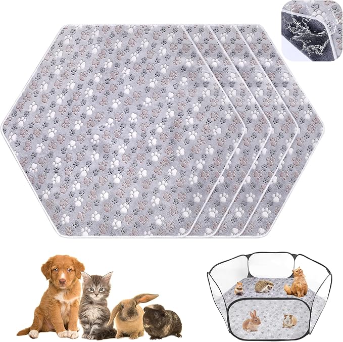 Preboun 4 Pcs 47 in Guinea Pig Playpen Pad Waterproof Hexagon Mat Reusable Dog Playpen Liner for Small Animal Rabbit Cage Tent Pee Pad Washable Yard Fence(Gray Paw)