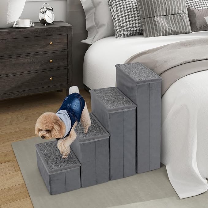 Giantex Dog Stairs with Storage - 23" H Folding 4-Step Pet Stairs for Small and Medium Dogs, Non-Slip & Soft Adjustable Dog Steps for High Beds Couch Sofa Window, Gray