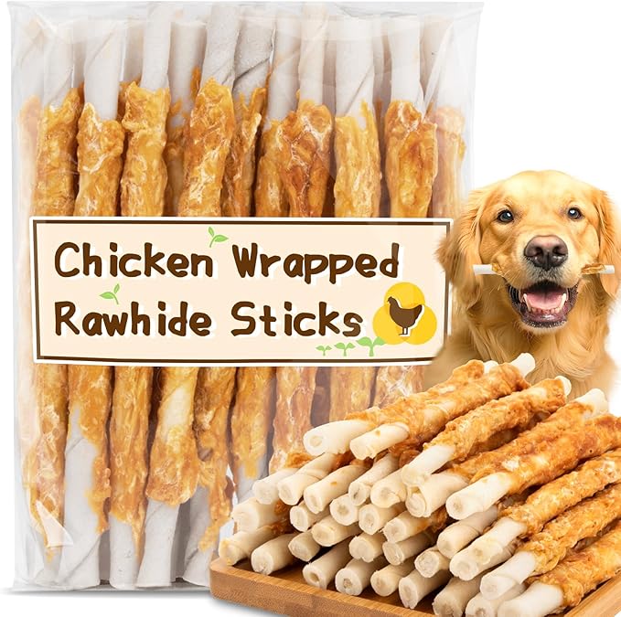 MAQIHAN Chicken Wrapped Rawhide Dog Treats - Hide Twists Chicken Wrapped Rawhide Sticks, Pet Chew Snacks Hide Sticks Training Reward Treats for Puppy, Small Dogs