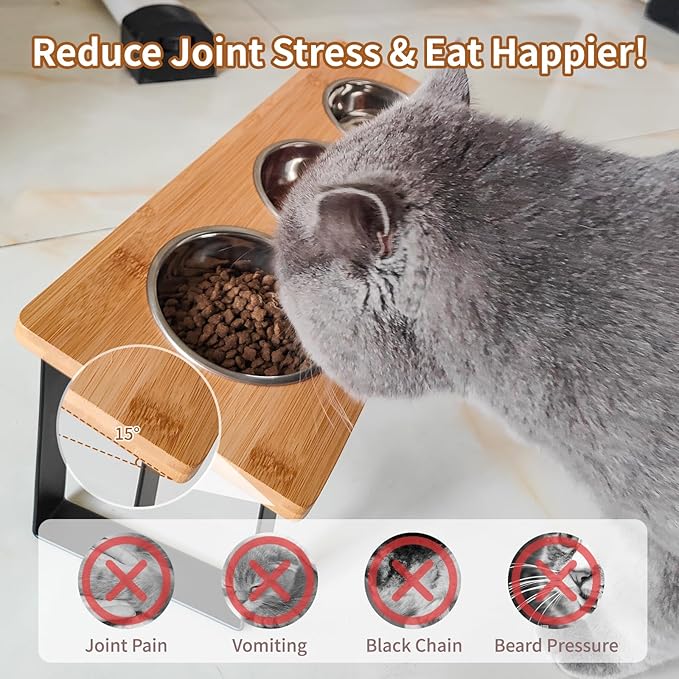 Elevated Cat Bowls, Raised Cat Food Bowls, 15°Tilted Stainless Steel Cat Bowls for Indoor Cats, Anti Vomit, Bamboo, Stand with 3 Feeder Bowls for Cats and Puppy