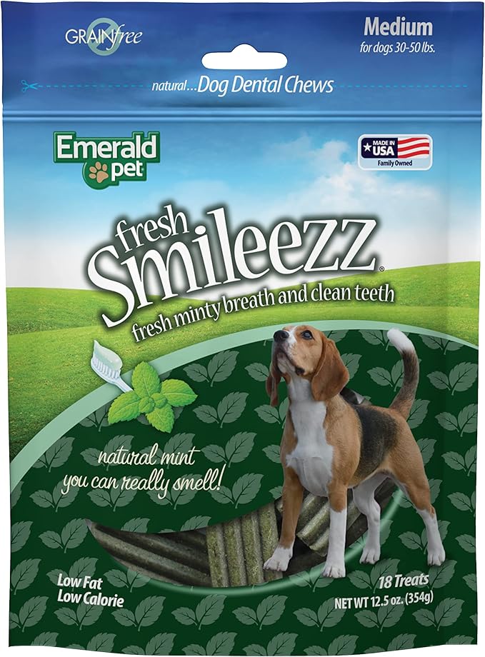 Emerald Pet Fresh Smileezz Grain Free Dog Dental Treats — Minty Fresh Breath and Clean Teeth for Medium Dog Breeds — Made in USA Medium, 12.5 Oz