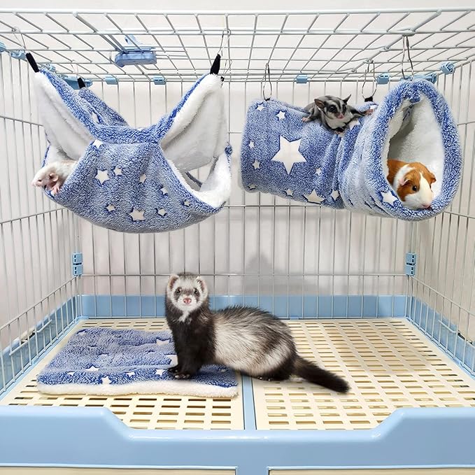 LEFTSTARER Noctilucent Luminous Guinea Pig Rat Hammock Bunkbed Hanging Tunnel and Soft Bed Mat for Ferret Hedgehog Squirrel Hideout Cage Accessories (2. Tunnel and Bunkbed)