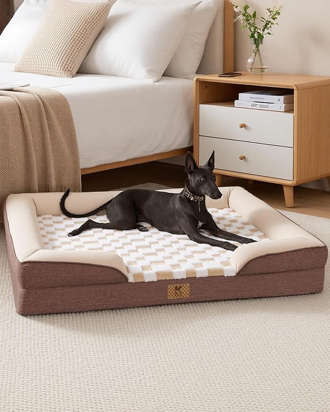 KSIIA Waterproof Dog Bed Orthopedic for Medium Senior Dog Couch with Sides, Extra Thick Supportive Pet Bed Sofa with Soft Plush Cover and Non-Slip Bottom, 36 x 27 Inch, Brown