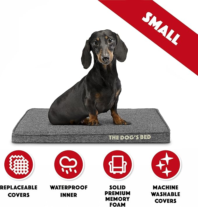 The Dog’s Bed Orthopedic Memory Foam Dog Bed for Small Dogs, Waterproof Washable Cover, Anti-Slip Base, Calming Surface – CertiPUR-Certified Foam, Grey Linen, 2 Inch Thick