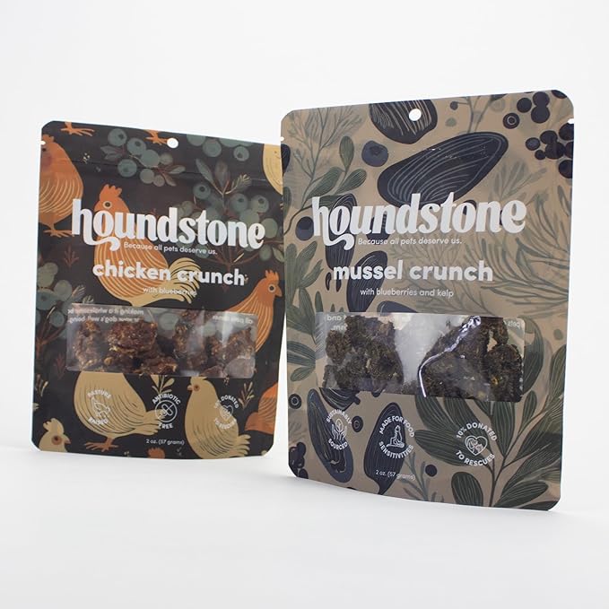 Houndstone Dog Treats, Mussel Crunch, Dehydrated, Limited Ingredient, 2 oz, Sea Mussel, Blueberry & Kelp Formula, High Protein