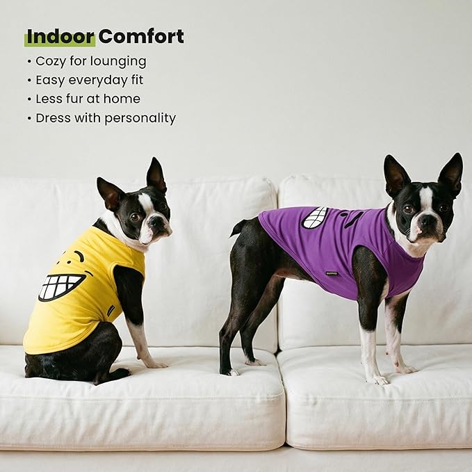 Fitwarm 2 Pack Happy Scary Expression Dog Shirt, Funny Clothes for Small Dogs Boy Girl, Pet Outfit, Yellow, Purple, XS