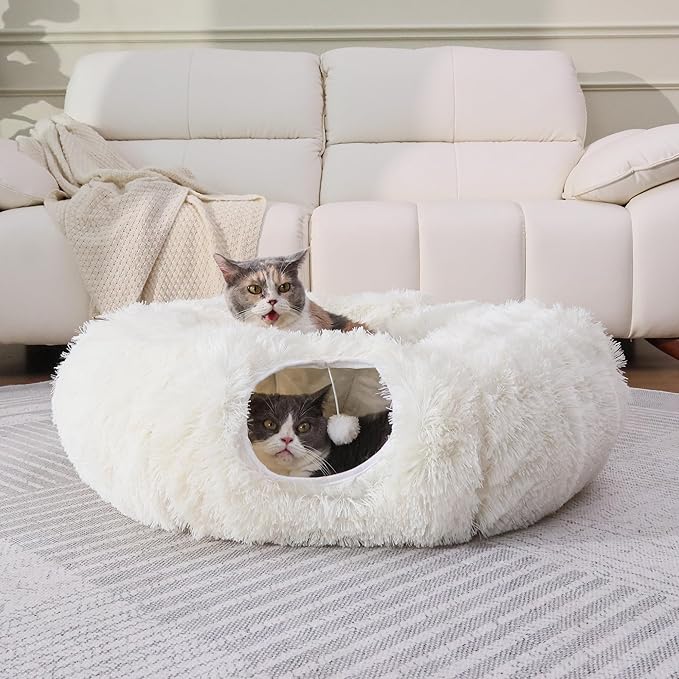 Cat Tunnel with Bed – Soft Plush Peekaboo Donut Cave for Indoor Cats | Under Christmas Tree Hideaway & Multifunctional Playground Toy for Kittens, Rabbits, Ferrets (Long-Pile Fabric White)