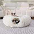 Cat Tunnel with Bed – Soft Plush Peekaboo Donut Cave for Indoor Cats | Under Christmas Tree Hideaway & Multifunctional Playground Toy for Kittens, Rabbits, Ferrets (Long-Pile Fabric White)