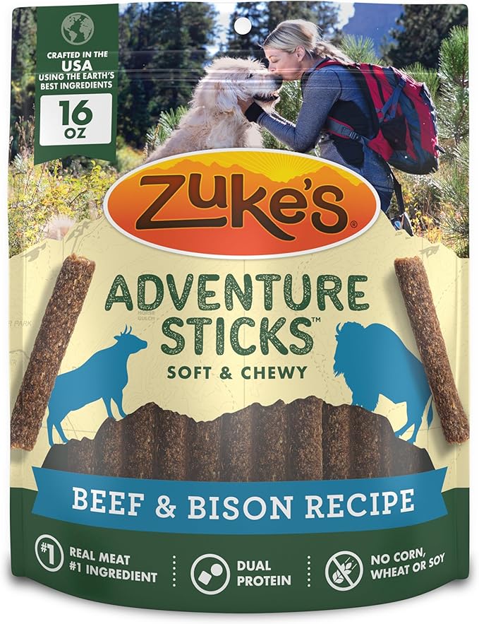 Zukes Adventure Sticks Beef and Bison Dog Treats, Natural Dog Treat Sticks - 16 oz. Pouch