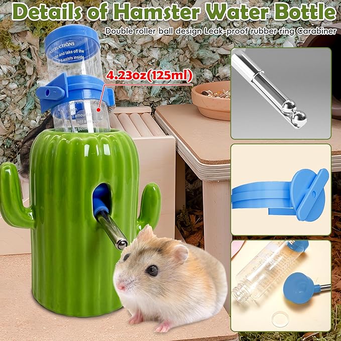 PINVNBY Ceramic Hamsters Hideout, Cactus Ceramic Dwarf Hideout, Hamster Water Bottle, Sand Bath, Food Bowl & 125ML Water Bottle Holder for Dwarf Hamster Cage Accessories
