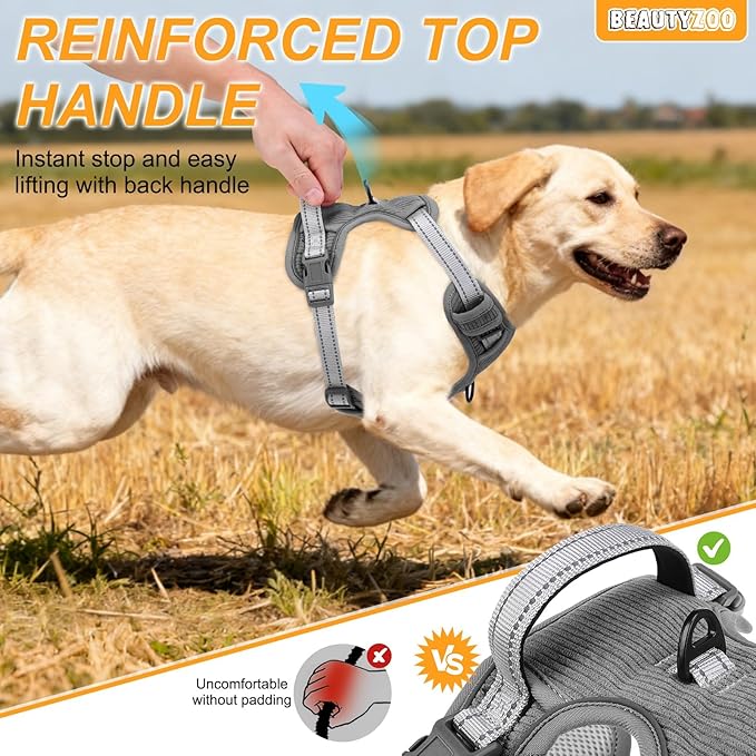 BEAUTYZOO No Pull Dog Harness Large, Adjustable Dog Harness and Leash Set -Easy Wearing with 3 Buckles/Control Handle,No Choke Soft Padded Reflective Pet Vest for Training Walking Hiking,Grey M