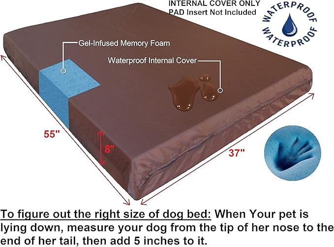 Dogbed4less Jumbo Extra Large Gel Infused Memory Foam Dog Bed with 1680 Nylon Heavy Duty Cover and Waterproof Liner, 55X37X8 Inches, Grey