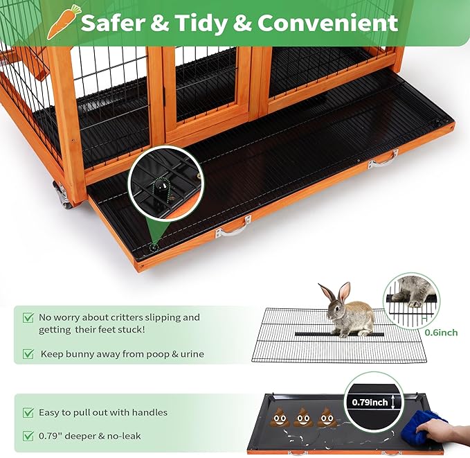 COZIWOW Rabbit Cage Indoor with Wire Bottom, 2-Level Large Wooden Bunny Hutch on Wheels Outdoor for Multiple Small Animals, Orange + Colorful Patterns