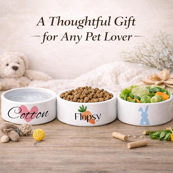 Custom Rabbit Bowl | Personalized Food & Water Dish with Name | Microwave & Dishwasher Safe Ceramic Pet Feeding Bowl | Gift Idea for New Bunny Owners | White – Large