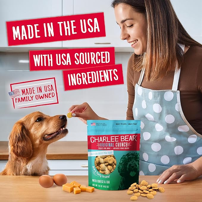 Charlee Bear Original Crunch Dog Training Treats, Cheese & Egg Flavor, 3 Calories Each, Low Calorie Natural Rewards for Puppies to Adult Dogs, Made in USA, 6 oz (4-Pack)