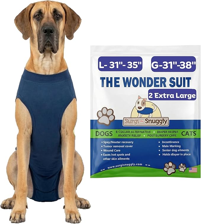 Surgi Snuggly Dog Surgery Recovery Suit - Dog Onesie for Post Surgery Recovery, Female Spay & Male Neuter - Surgical Suit for Dogs, E-Collar Cone Alternative, Double Blue - 2X-Large - 31" - 35" (EC)