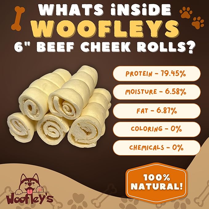 Woofley's 5-6" Buffalo Beef Cheek Roll -(5 Count)- Beef Cheek Rolls for Dogs - Long Lasting Natural Dog Chews