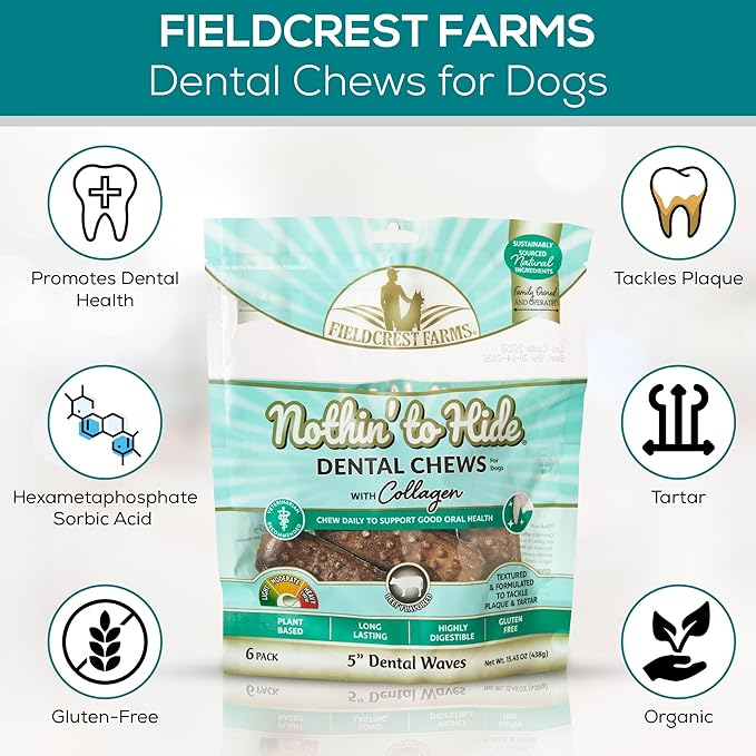 Fieldcrest Farms Dental Chews for Dogs, Wave (7inches, 3count Pack) – Tackles Plaque, Tartar, Promotes Dental Health – w/Collagen, Organic, Gluten-Free