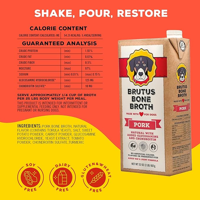 Brutus Bone Broth Liquid for Dogs | All Natural | Made in USA | Glucosamine & Chondroitin for Healthy Joints | Human Grade Ingredients | Hydrating Food Topper, Gravy & Treat (Pork, 2-Pack)