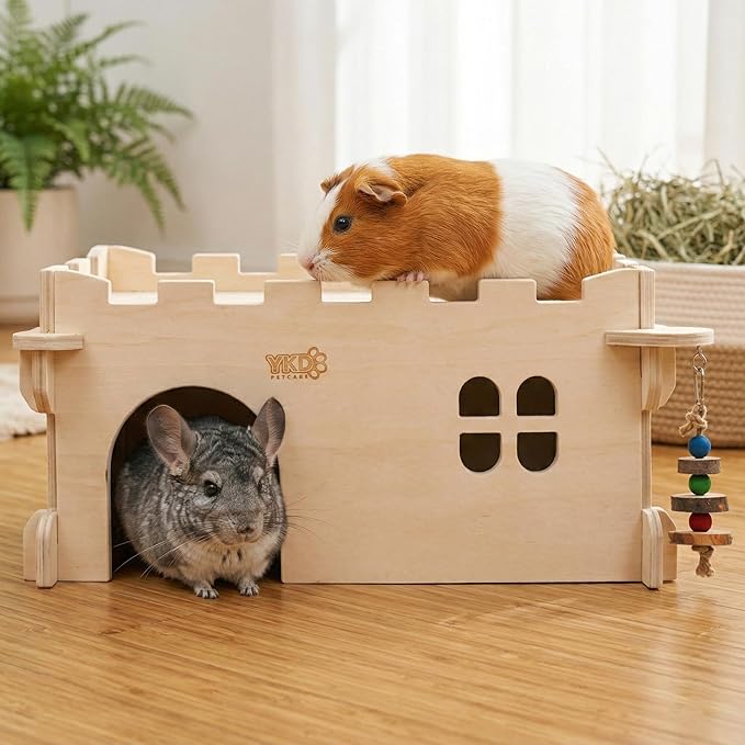 Castle Chinchilla House, Small Animal Hideout for Chinchilla, Guinea Pig, Hedgehog, or Rat, Ventilated Wooden Guinea Pig Hut Habitat with Multiple Doors (Large)
