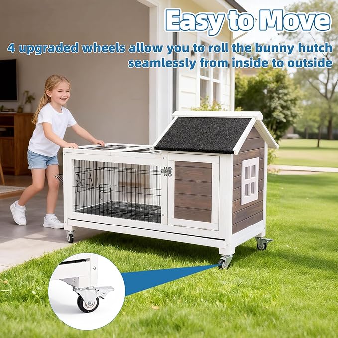 Rabbit Hutch Indoor Outdoor Weatherproof, Bunny Cage with Casters, Urine Guards, Leakproof Tray, Metal Feeder & Openable Roof, Easy Clean for Small Animals