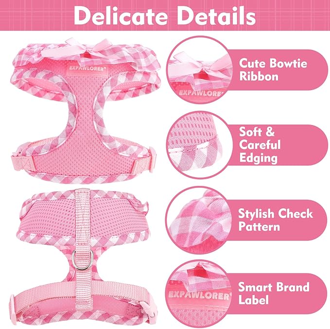 EXPAWLORER Cute Dog Harness Collar Leash Set - Pink Girl Dog Harness Checkered Step-in Design, Detachable Bow Pet Collar, Adjustable No-Choke Lightweight Mesh Vest for Small Medium Dogs, M