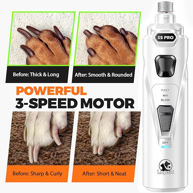 Whisper Quiet Dog Nail Grinder with LED Light, Safe & Stress-Free for Sensitive Dogs of All Breeds & Sizes, 3 Grinding Bits, 3-Speed, Pet Nail Trimmers, Rechargeable Painless Grooming Kit White