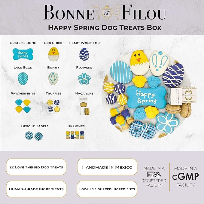 Bonne et Filou Easter Dog Treats Gift Basket Box Human Grade 22 Luxury Snacks with Dog Macarons, Truffles & Bone Cookies, Healthy and Delicious Mix for Medium to Large Dogs