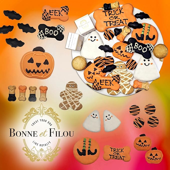 Bonne et Filou Dog Treats, Gift Box Human Grade Gourmet Treats 23 Luxury Spooky Delights with Dog Macarons, Truffles & Bones Healthy Snacks for Small to Large Breeds