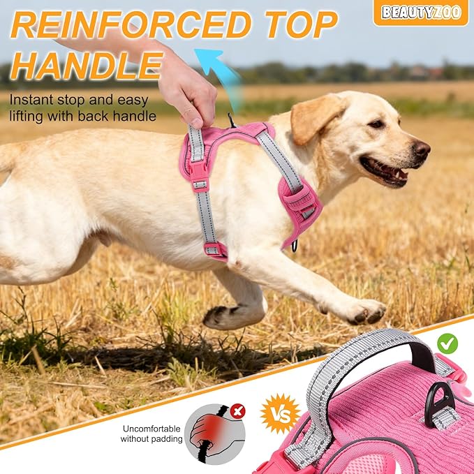 BEAUTYZOO No Pull Dog Harness Large, Adjustable Dog Harness and Leash Set -Easy Wearing with 3 Buckles/Control Handle,No Choke Soft Padded Reflective Pet Vest for Training Walking Hiking,Rose M