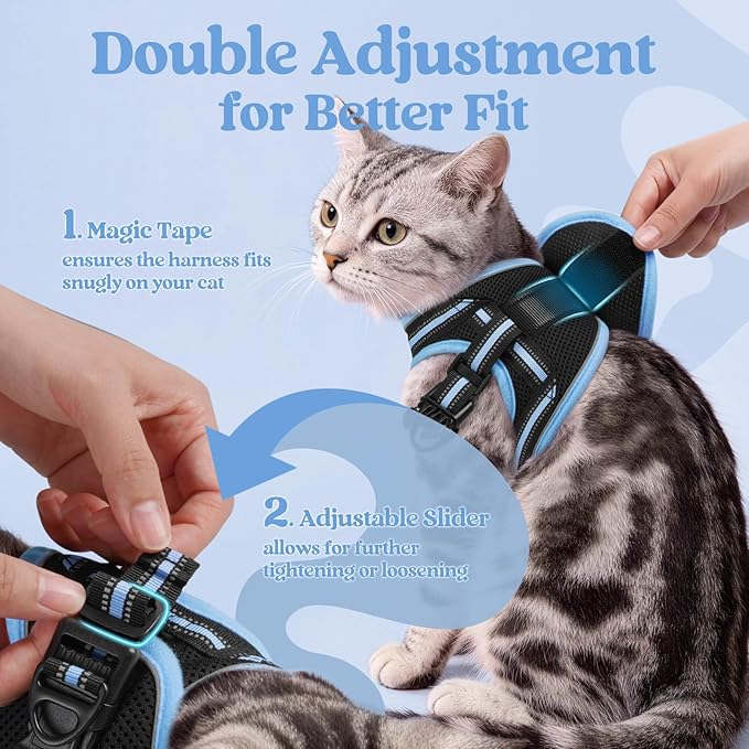 rabbitgoo Cat Harness and Leash Set for Walking Escape Proof, Adjustable Soft Kittens Vest with Reflective Strip for Cats, Comfortable Outdoor Vest, Black & Light Blue, S