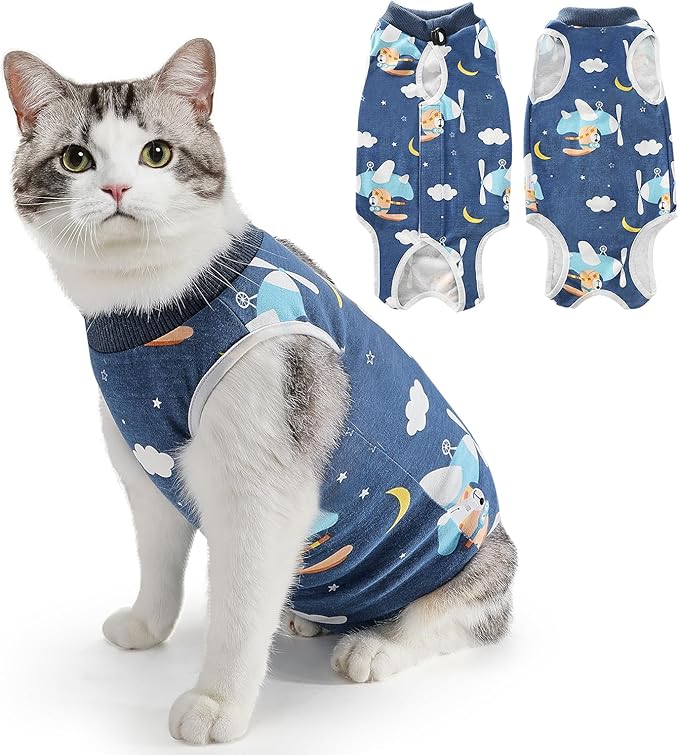 SlowTon Cat Recovery Suit - Cat Onesie for Cats After Surgery Female Male, Kitten Clothes Cats Surgical Spay Suit Abdominal Wounds, E-Collar Alternative Bodysuit Shirt Anti-Licking (Navy, S)