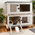 Gowoodhut 36" L Rabbit Hutch Indoor Wooden 2 Story Bunny Hutch Rabbit Cage Outdoor Bunny Cage on 4 Metal Wheels and 2 Deeper Pull Out Trays, Ramp, Guinea Pig Pet House for Small Animals, Grey