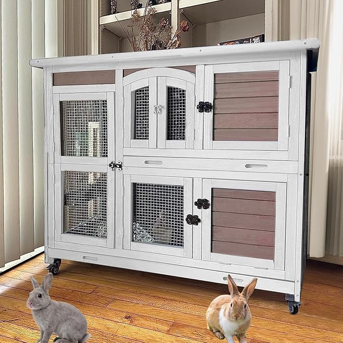 GUTINNEEN Guinea Pig Cage 2-Tier Indoor Outdoor Rabbit Hutch with Wheels, Leakproof Tray, Easy Clean Small Animal Habitat for Bunny, Hamster, Hedgehog, Ferret, Home & Garden Use(Brown)